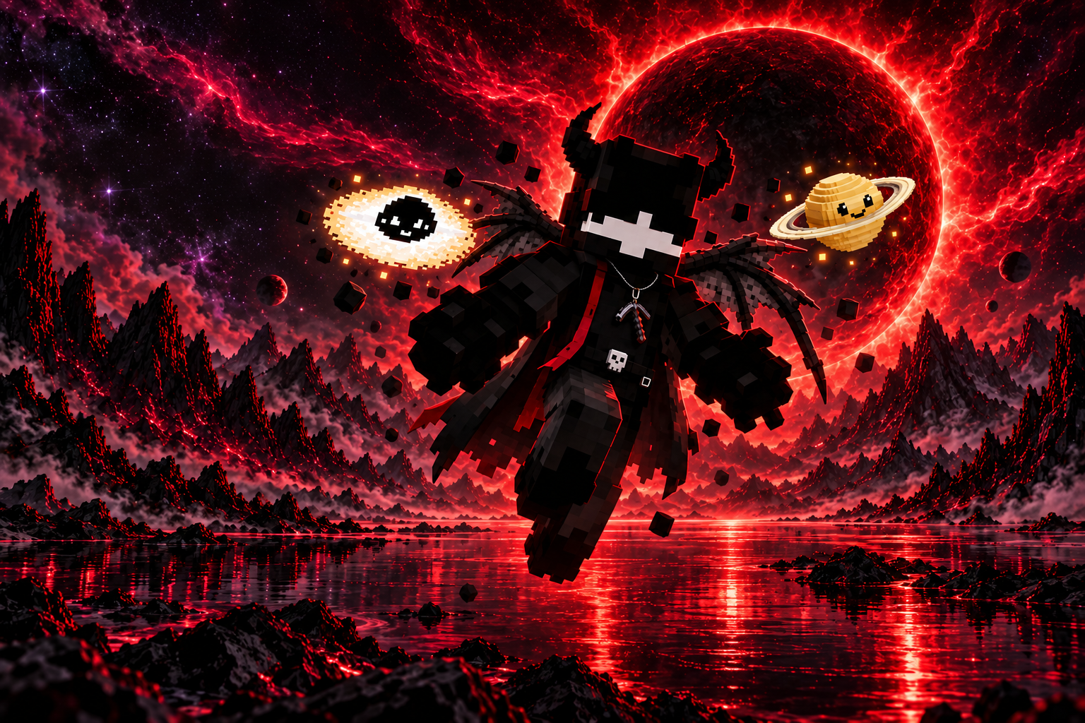 Retrato ilustrativo de 24Owner con sus nueve accesorios seleccionados frente a un eclipse rojo